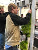 Two students hanging growing lettuce in a hydroponic tower