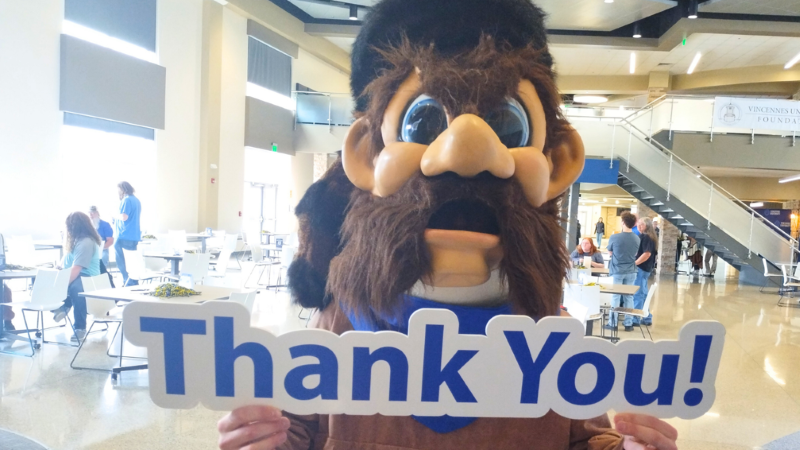 Trailblazer Willie holding a Thank You sign
