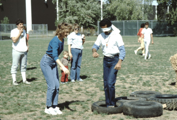 Blindfolded obstacle course campus event