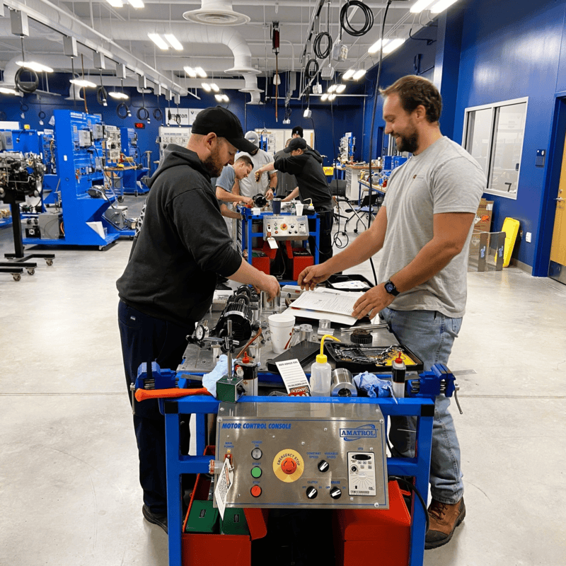 Two students collaborate at a mobile motor control console training station
