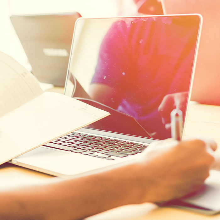 Person works at a laptop beside an open notebook, with a hand holding a pen; warm sunlight creates a focused, creative study atmosphere.
