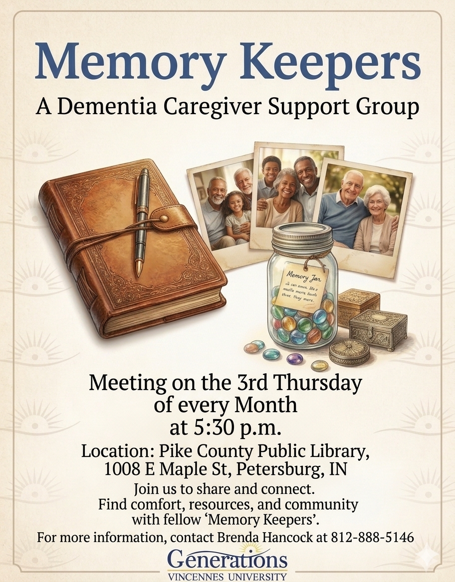A promotional flyer for Memory Keepers: A Dementia Caregiver Support Group in Pike County, presented by Generations (Vincennes University). The center illustration features a leather-bound journal with a pen, a glass Memory Jar filled with colorful stones, and polaroid photos showing multi-generational family members. The flyer states meetings take place on the 3rd Thursday of every month at 5:30 p.m. at the Pike County Public Library (1008 E Maple St, Petersburg, IN). Contact information lists Brenda Hancock at 812-888-5146.