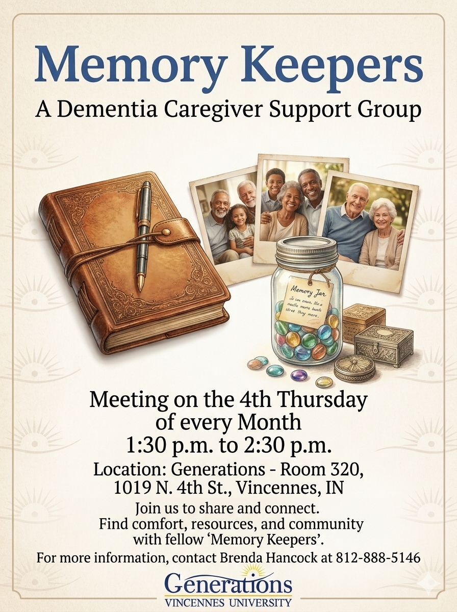 A promotional flyer for Memory Keepers: A Dementia Caregiver Support Group, presented by Generations (Vincennes University). The center graphic includes an ornate leather-bound journal with a pen, a glass Memory Jar filled with colorful stones, and polaroid photos showing multi-generational families. The flyer states meetings occur on the 4th Thursday of every month from 1:30 p.m. to 2:30 p.m. at Generations in Room 320 (1019 N. 4th St., Vincennes, IN). Contact information lists Brenda Hancock at 812-888-5146.