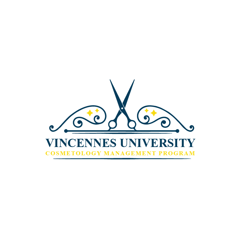 Logo of Vincennes University Cosmetology Management Program features stylized scissors above decorative swirls and stars.