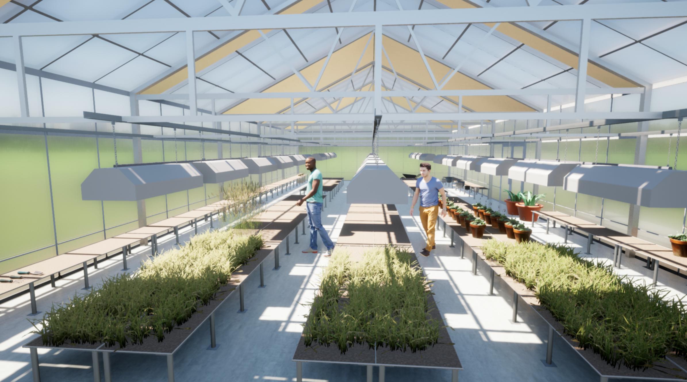 3D rendering of two men inside a modern greenhouse with plant beds, potted plants, overhead lights, and a high glass ceiling.