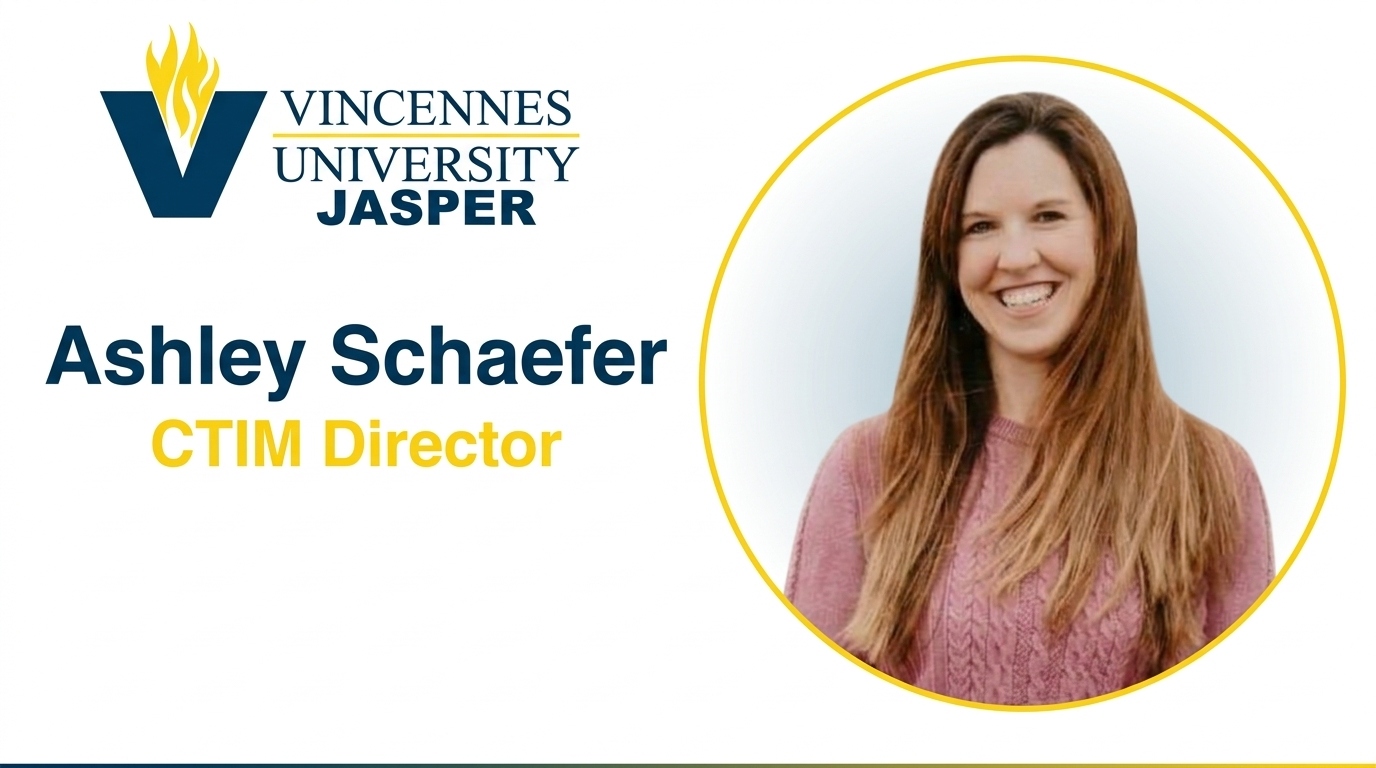 Vincennes University Jasper graphic featuring a portrait of Ashley Schaefer with the text 
