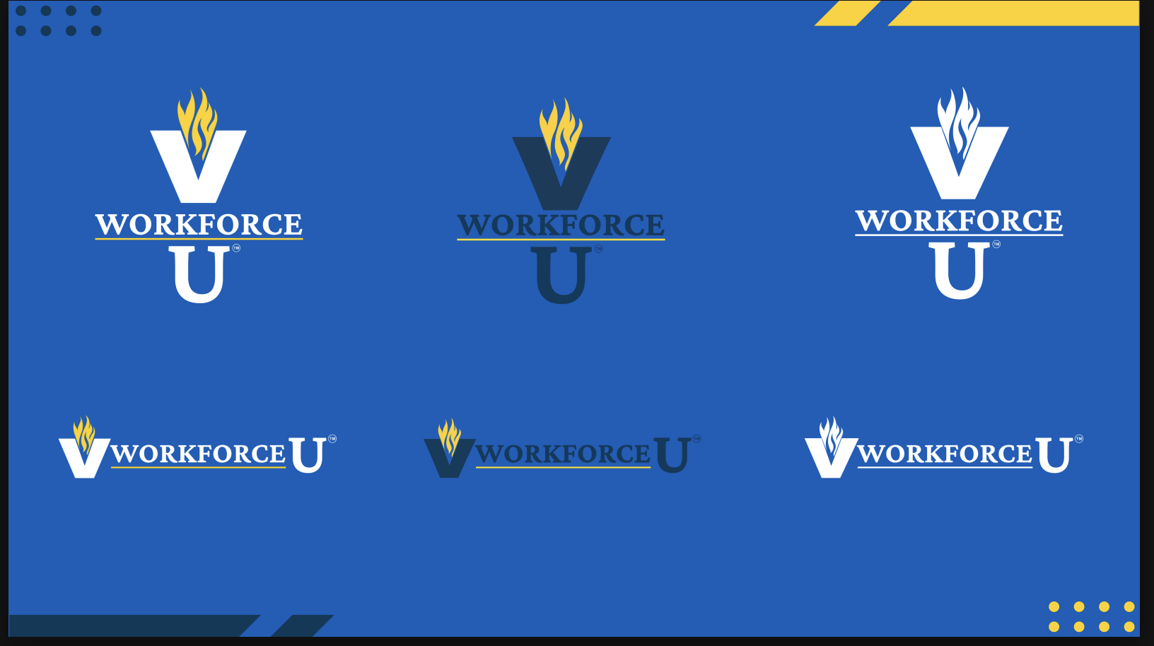 A graphic of six VU Workforce U logos in blue, gold and white with a 'V' with a flame in the center
