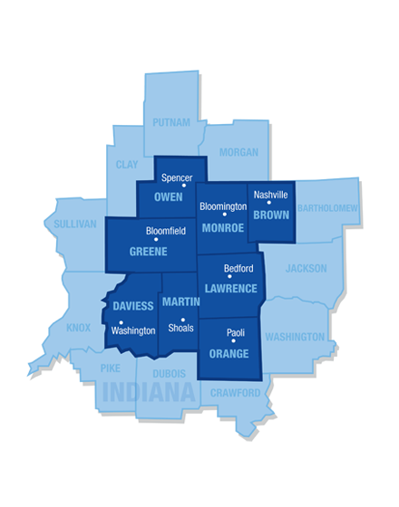 A map of Indiana depicting county boundaries. Several contiguous counties in the central-south region are highlighted in a dark blue color, including Owen, Greene, Lawrence, and Brown. Each county has its name labeled in white text. Nearby light blue marked counties include Putnam, Clay, Sullivan, Knox, and Pike. The word "Indiana" is partially visible along the bottom edge of the graphic.