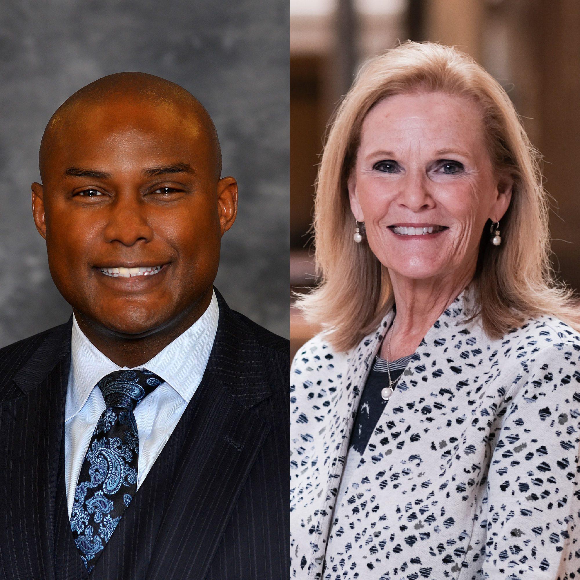Head shots of 2022 Honorary Doctorate recipients Jeffrey A. Harrison, on the left, and Teresa Lubbers, on the right
