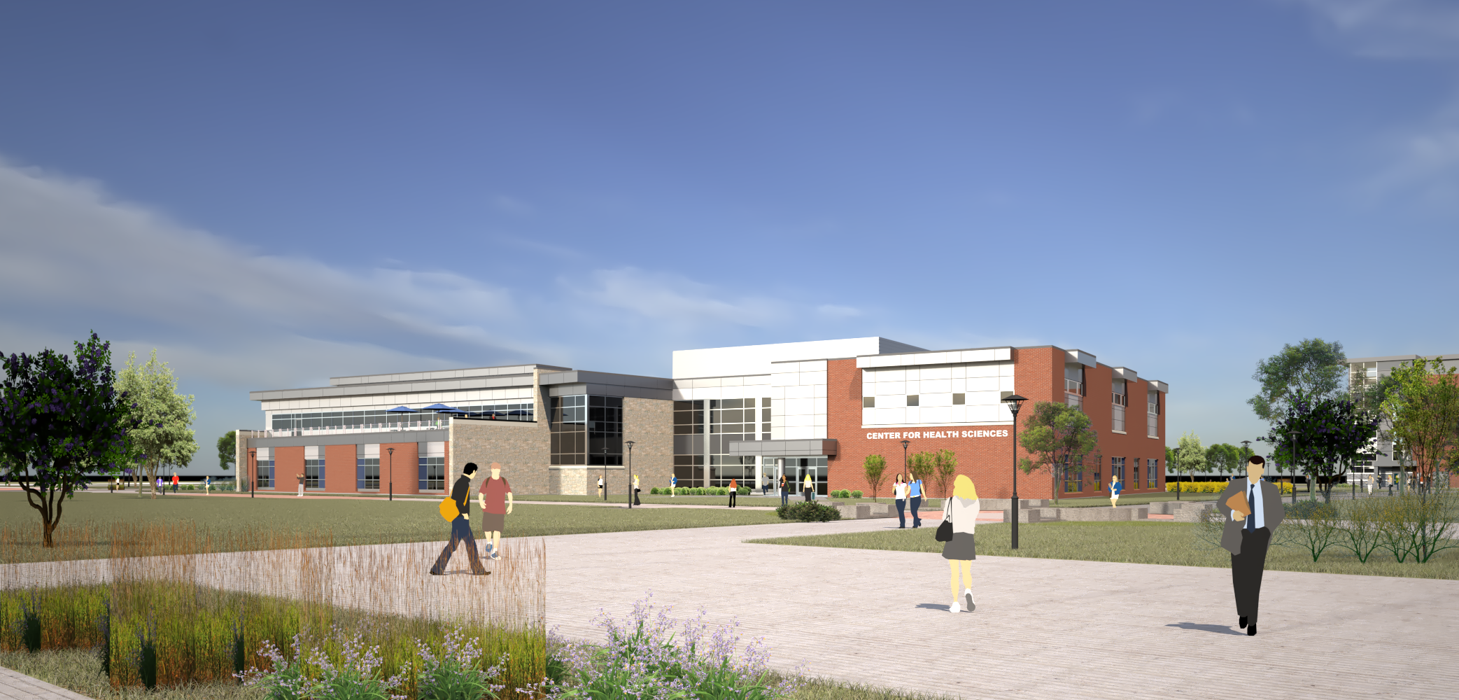 An architectural rendering of the Center for Health Sciences with a view from Morris Hall